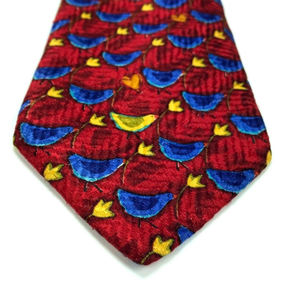 Ermenegildo Zegna 100% Silk Tie Red Birds Bird Heart Leaves Animals Necktie 57" - Picture 2 of 12